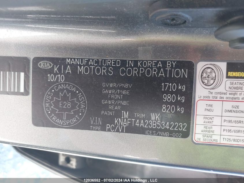 2011 Kia Forte VIN: KNAFT4A23B5342232 Lot: 12036552