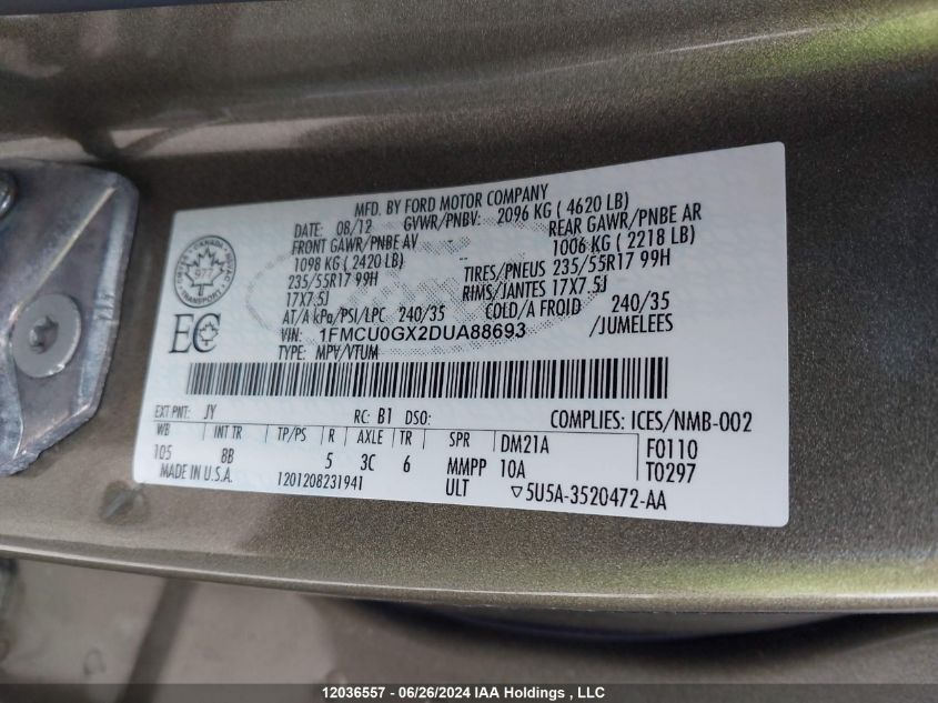 2013 Ford Escape Se VIN: 1FMCU0GX2DUA88693 Lot: 12036557