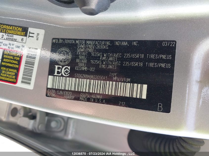 2022 Toyota Highlander VIN: 5TDGZRBH9NS205641 Lot: 12036570