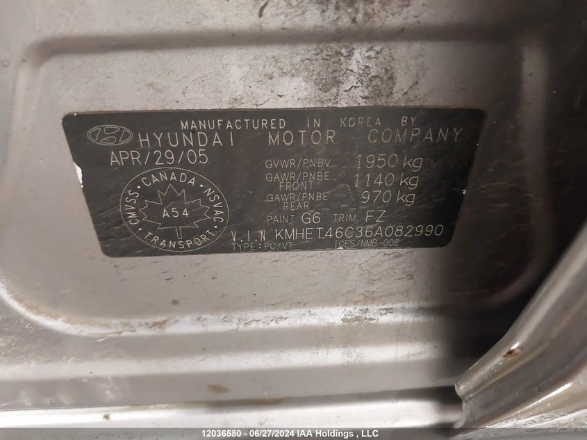 2006 Hyundai Sonata Gl VIN: KMHET46C36A082990 Lot: 12036580