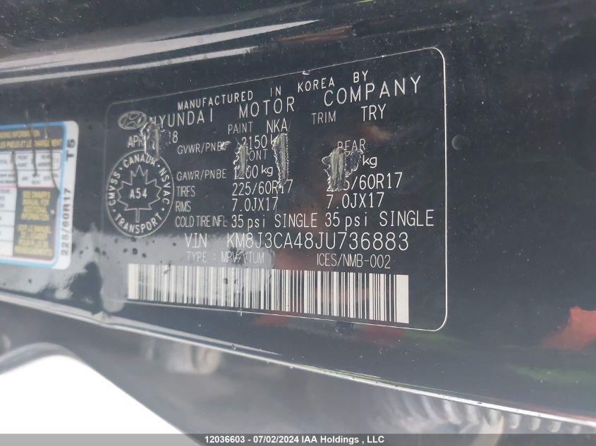 2018 Hyundai Tucson Limited/Sport And Eco/Se VIN: KM8J3CA48JU736883 Lot: 12036603