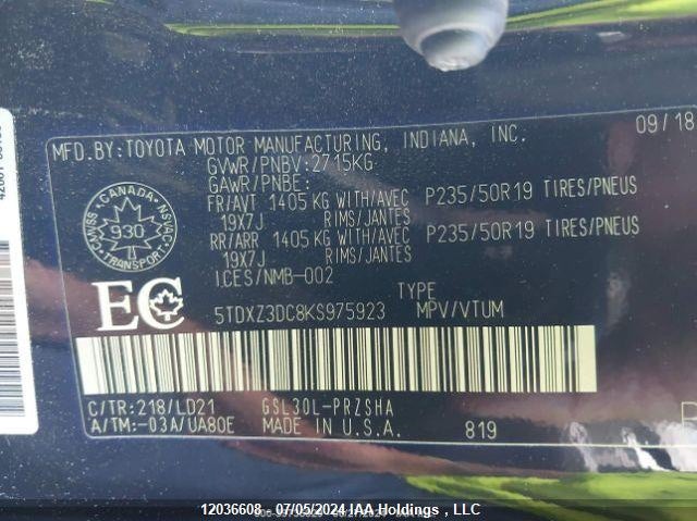 2019 Toyota Sienna Se/Se Premium VIN: 5TDXZ3DC8KS975923 Lot: 12036608