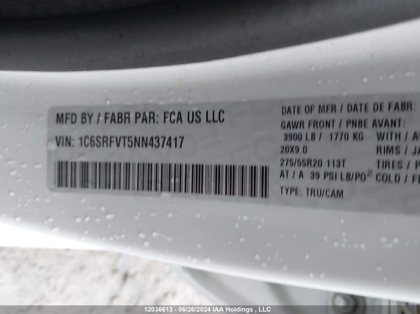 2022 Ram 1500 Sport VIN: 1C6SRFVT5NN437417 Lot: 12036613