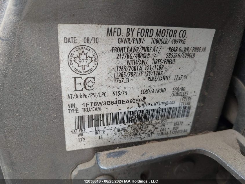 2011 Ford F350 Super Duty VIN: 1FT8W3B64BEA92594 Lot: 12036618