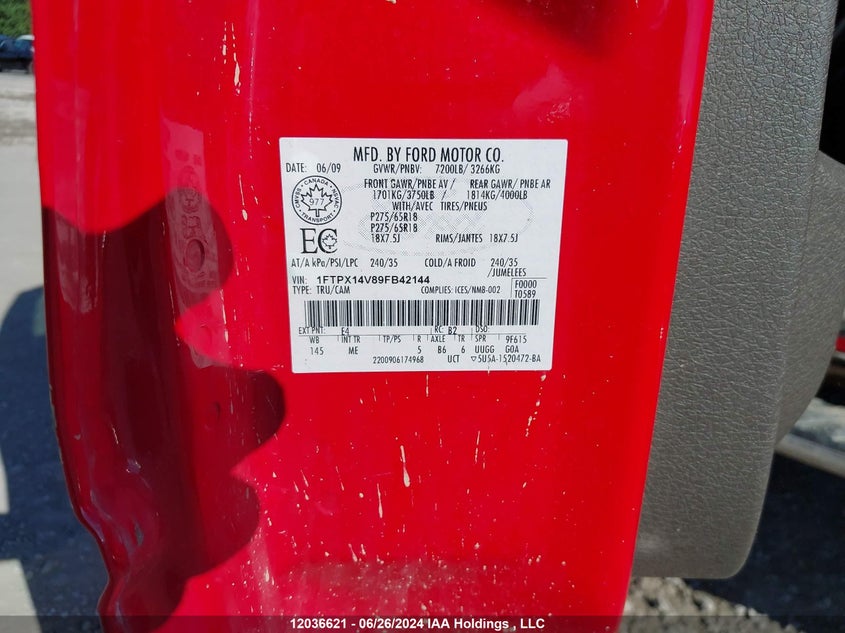 2009 Ford F150 Super Cab VIN: 1FTPX14V89FB42144 Lot: 12036621
