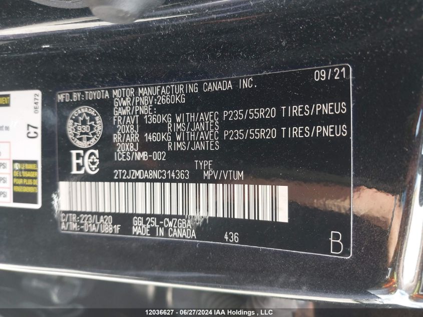 2022 Lexus Rx 350 VIN: 2T2JZMDA8NC314363 Lot: 12036627