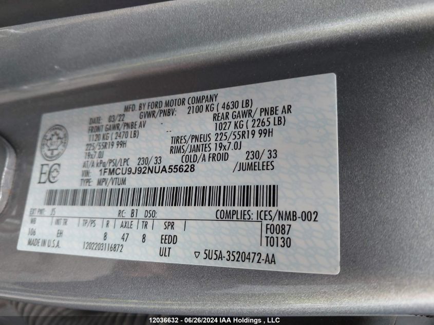 2022 Ford Escape Titanium VIN: 1FMCU9J92NUA55628 Lot: 12036632