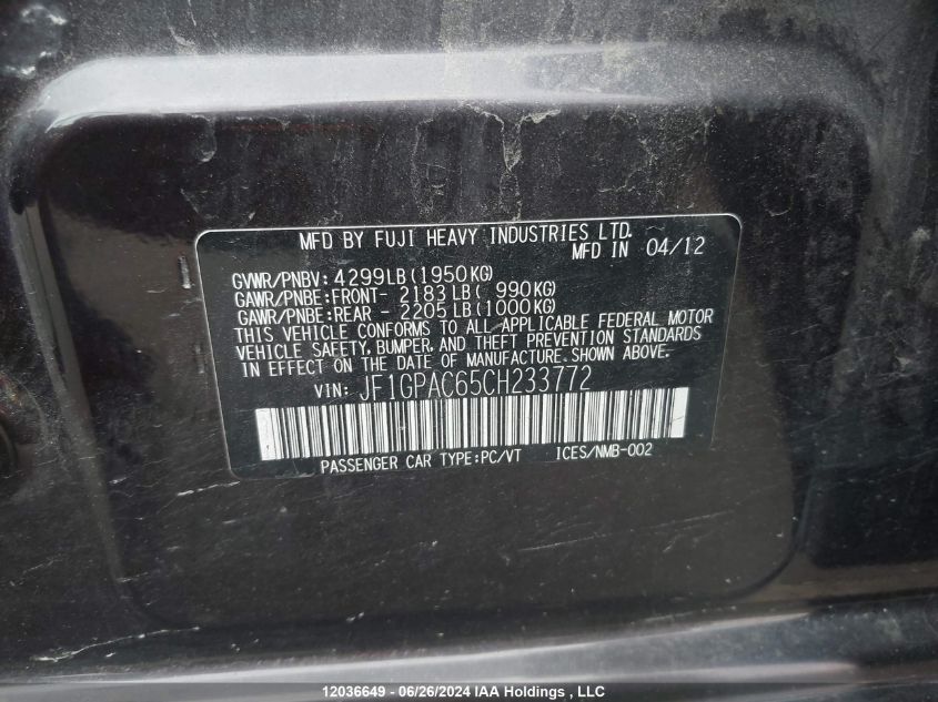2012 Subaru Impreza Premium VIN: JF1GPAC65CH233772 Lot: 12036649