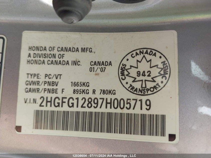2007 Honda Civic Ex VIN: 2HGFG12897H005719 Lot: 12036654