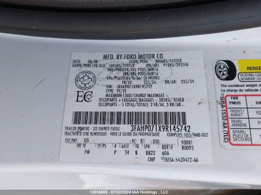 2009 Ford Fusion VIN: 3FAHP071X9R145742 Lot: 12036669