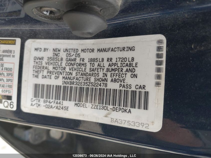 2005 Toyota Corolla Le VIN: 1NXBR32E35Z522478 Lot: 12036673