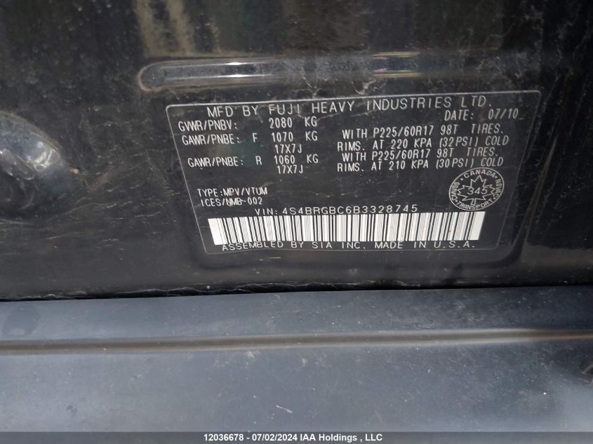 2011 Subaru Outback 2.5I Premium VIN: 4S4BRGBC6B3328745 Lot: 12036678