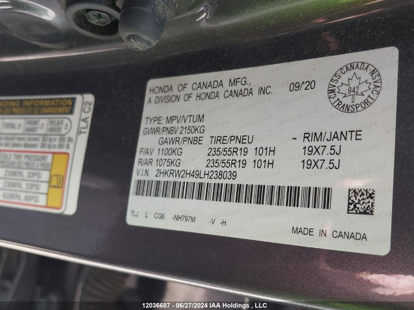 2020 Honda Cr-V VIN: 2HKRW2H49LH238039 Lot: 12036687