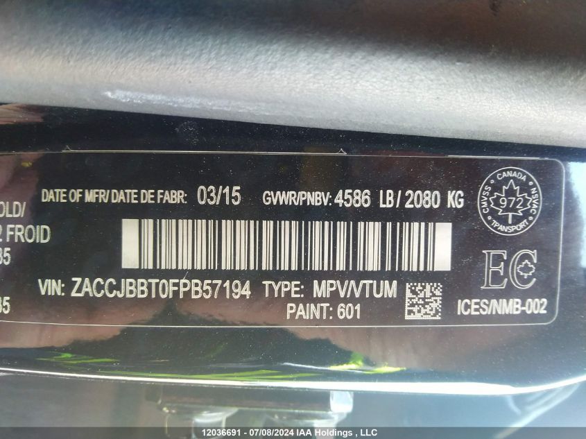 2015 Jeep Renegade Latitude VIN: ZACCJBBT0FPB57194 Lot: 12036691