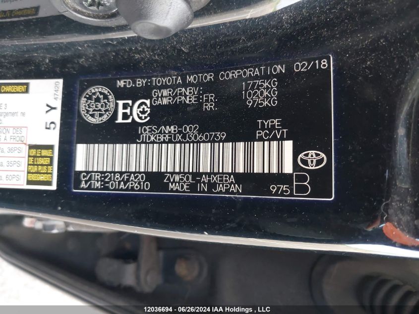 2018 Toyota Prius VIN: JTDKBRFUXJ3060739 Lot: 12036694