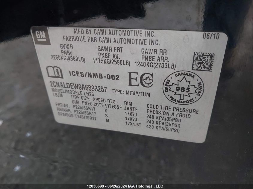 2010 Chevrolet Equinox VIN: 2CNALDEW9A6393257 Lot: 12036699