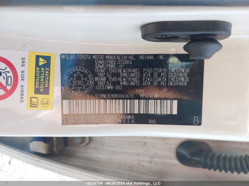 2011 Toyota Highlander Se VIN: 5TDBK3EH0BS043479 Lot: 12036704