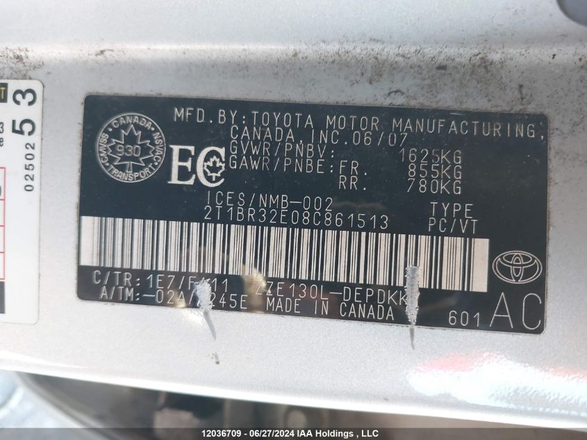 2008 Toyota Corolla Ce/Le/S VIN: 2T1BR32E08C861513 Lot: 12036709