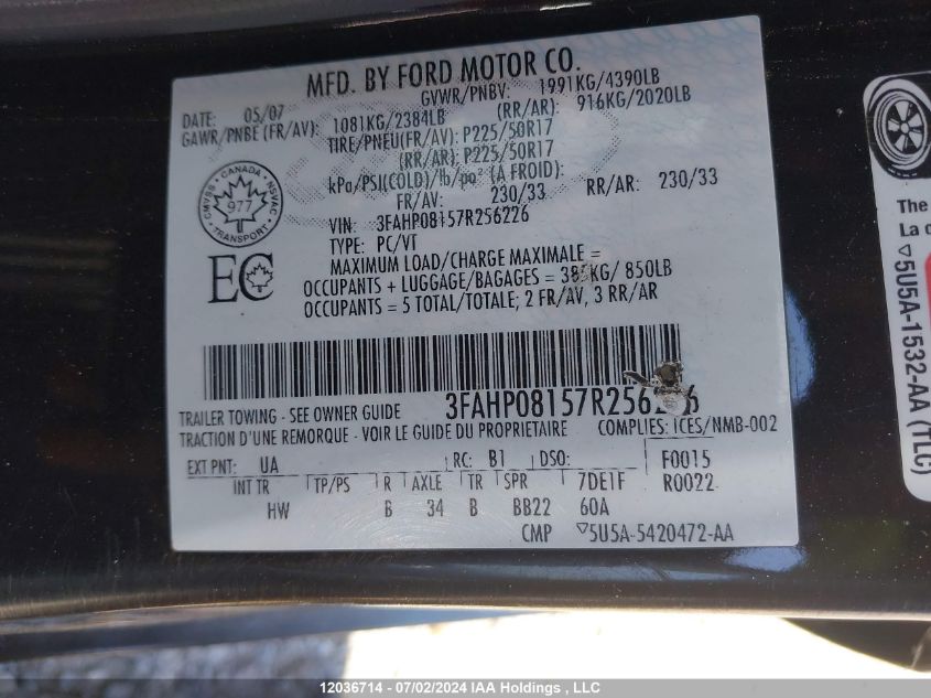 2007 Ford Fusion VIN: 3FAHP08157R256226 Lot: 12036714