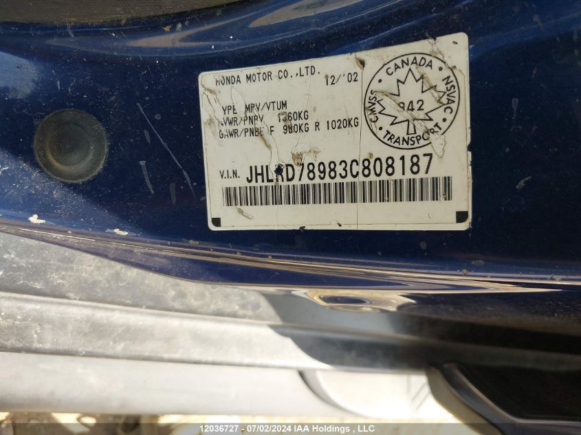 2003 Honda Cr-V VIN: JHLRD78983C808187 Lot: 12036727