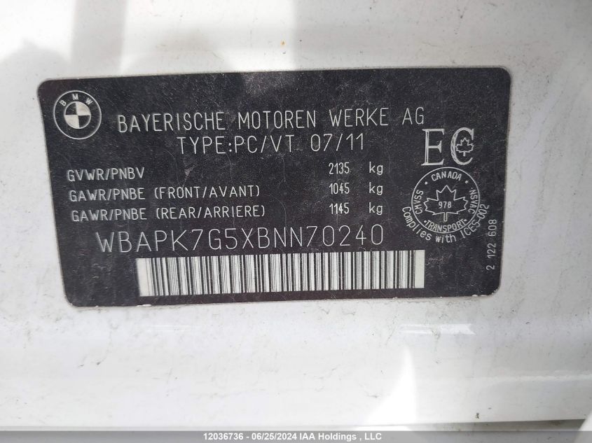 2011 BMW 328Xi VIN: WBAPK7G5XBNN70240 Lot: 12036736