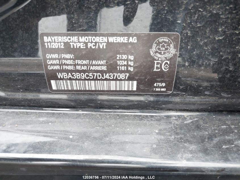 2013 BMW 335 Xi VIN: WBA3B9C57DJ437087 Lot: 12036756