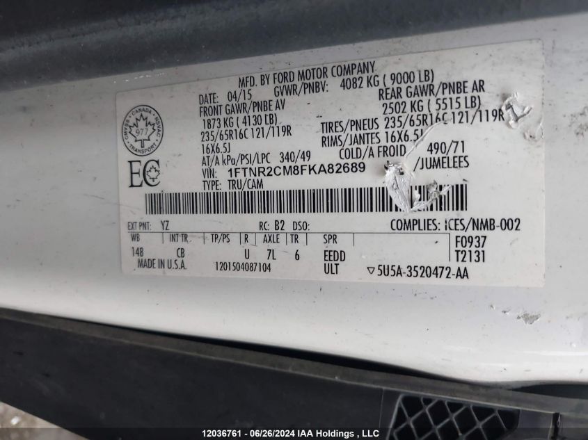 2015 Ford Transit T-250 VIN: 1FTNR2CM8FKA82689 Lot: 12036761