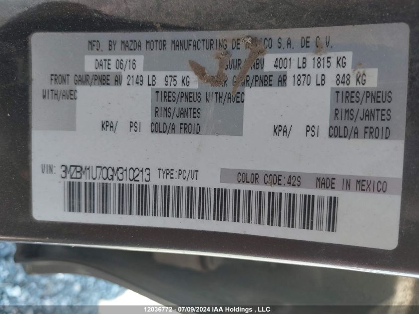 2016 Mazda 3 Sport VIN: 3MZBM1U70GM310213 Lot: 12036772