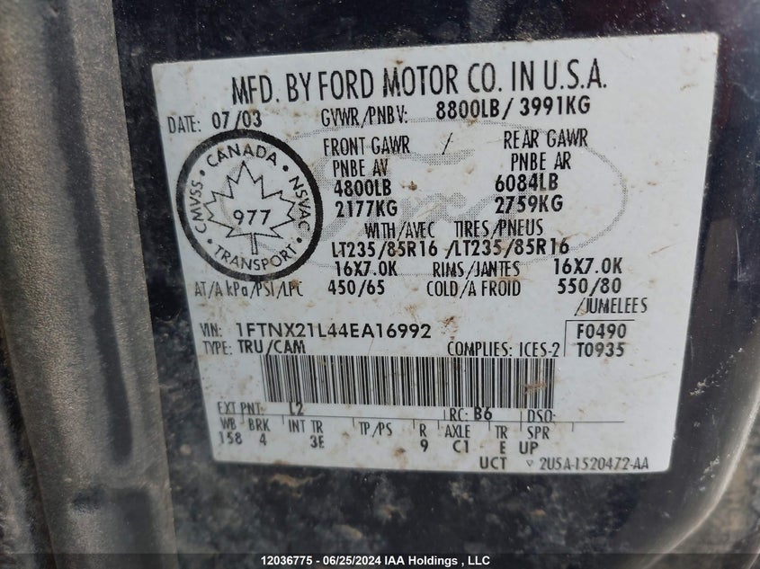 2004 Ford F250 Super Duty VIN: 1FTNX21L44EA16992 Lot: 12036775