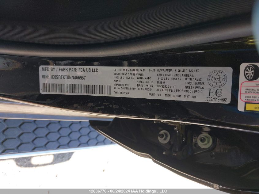 2022 Ram 1500 Longhorn VIN: 1C6SRFKT0NN466957 Lot: 12036776