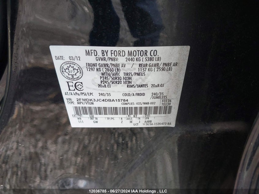 2013 Ford Edge Sel VIN: 2FMDK3JC4DBA15784 Lot: 12036785