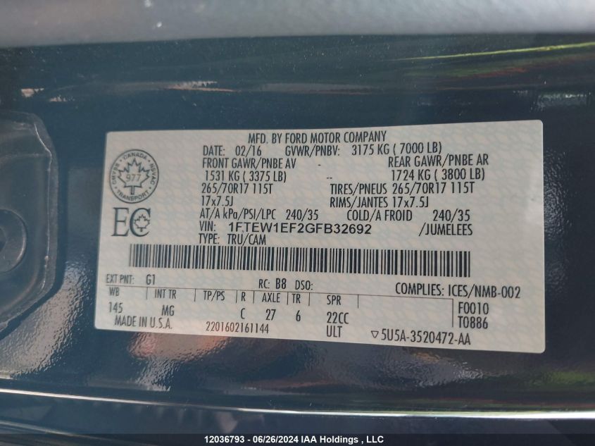 2016 Ford F150 Supercrew VIN: 1FTEW1EF2GFB32692 Lot: 12036793