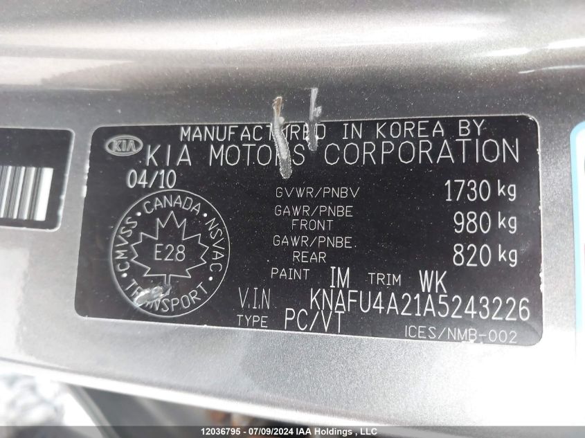 2010 Kia Forte VIN: KNAFU4A21A5243226 Lot: 12036795