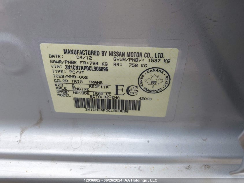 2012 Nissan Versa 1.6 Sv VIN: 3N1CN7AP0CL908896 Lot: 12036802