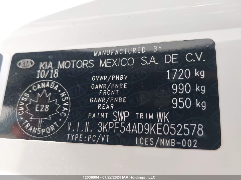 2019 Kia Forte VIN: 3KPF54AD9KE052578 Lot: 12036804