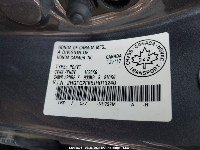 2018 Honda Civic Ex VIN: 2HGFC2F85JH013240 Lot: 12036805