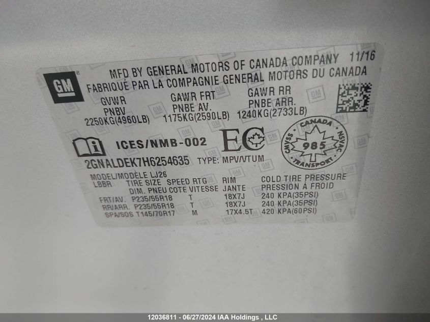 2017 Chevrolet Equinox VIN: 2GNALDEK7H6254635 Lot: 12036811