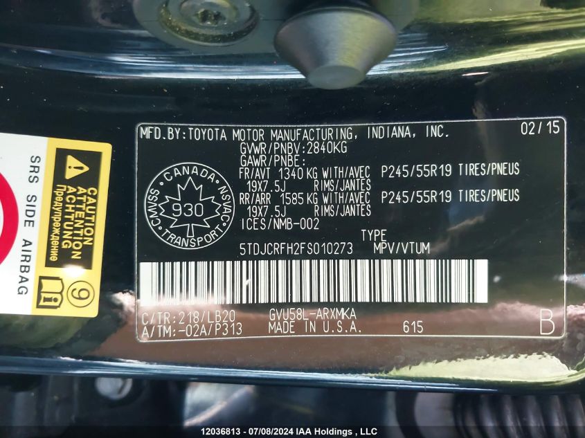 2015 Toyota Highlander Hybrid/Xle VIN: 5TDJCRFH2FS010273 Lot: 12036813
