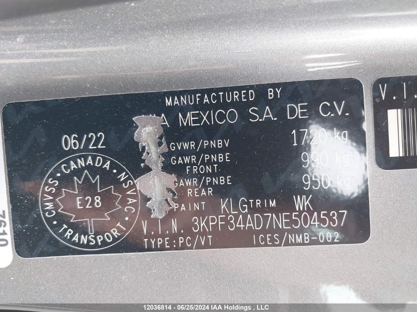 2022 Kia Forte VIN: 3KPF34AD7NE504537 Lot: 12036814