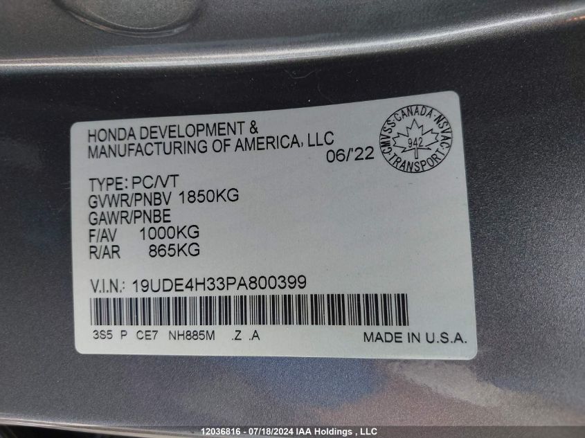 2023 Acura Integra VIN: 19UDE4H33PA800399 Lot: 12036816