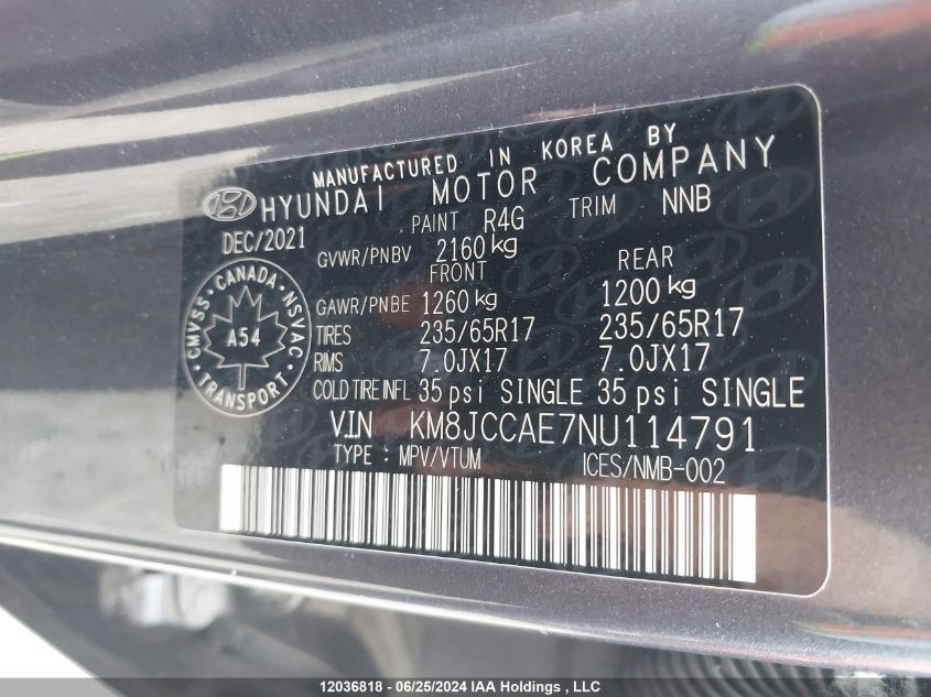 2022 Hyundai Tucson Preferred Awd With Trend Package VIN: KM8JCCAE7NU114791 Lot: 12036818