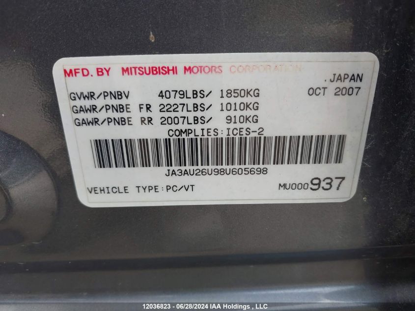 2008 Mitsubishi Lancer Es VIN: JA3AU26U98U605698 Lot: 12036823