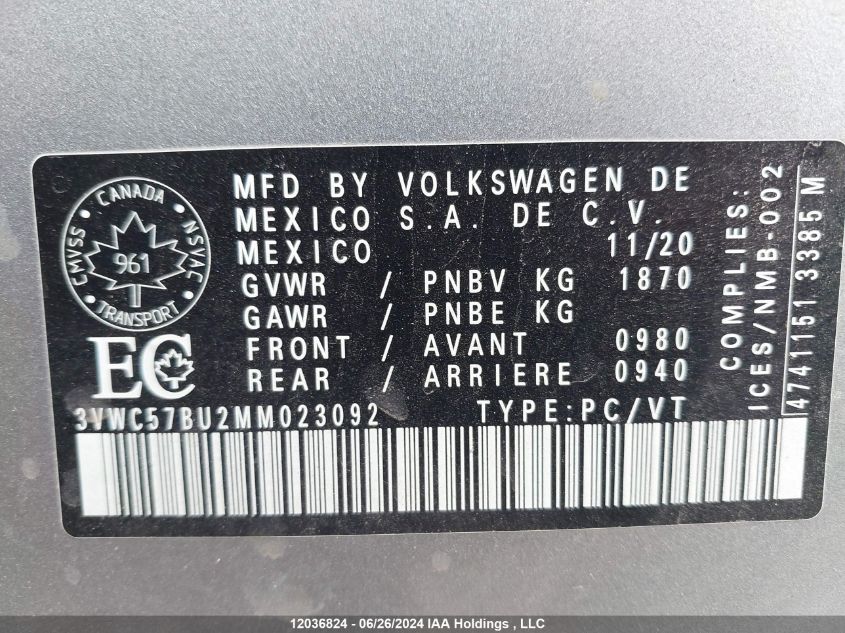 2021 Volkswagen Jetta VIN: 3VWC57BU2MM023092 Lot: 12036824