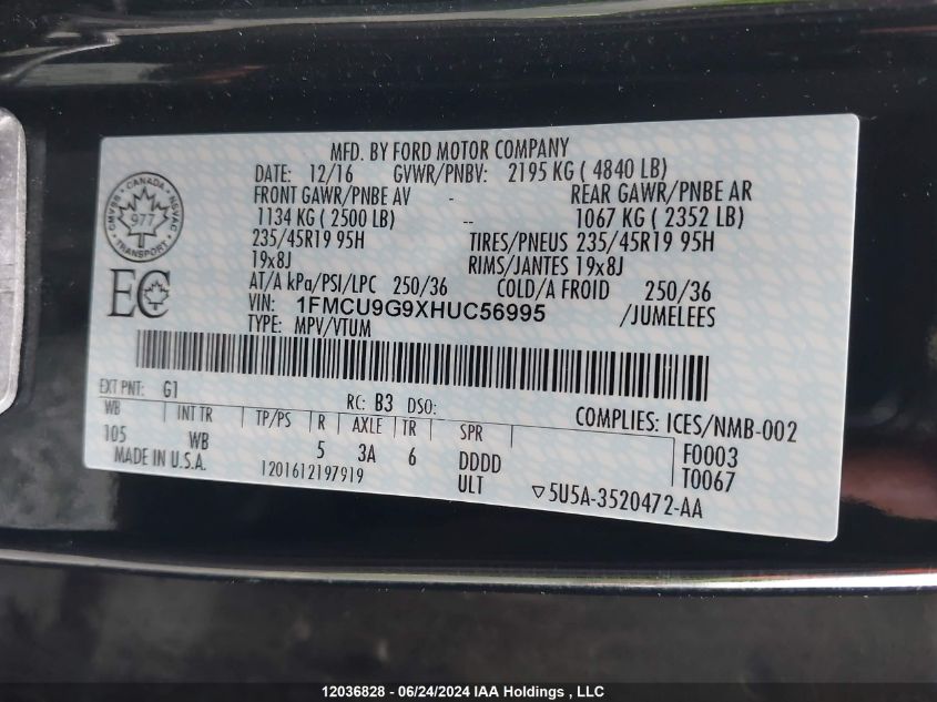 2017 Ford Escape Se VIN: 1FMCU9G9XHUC56995 Lot: 12036828