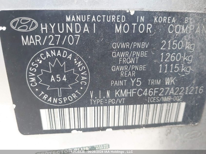 2007 Hyundai Azera VIN: KMHFC46F27A221216 Lot: 12036838