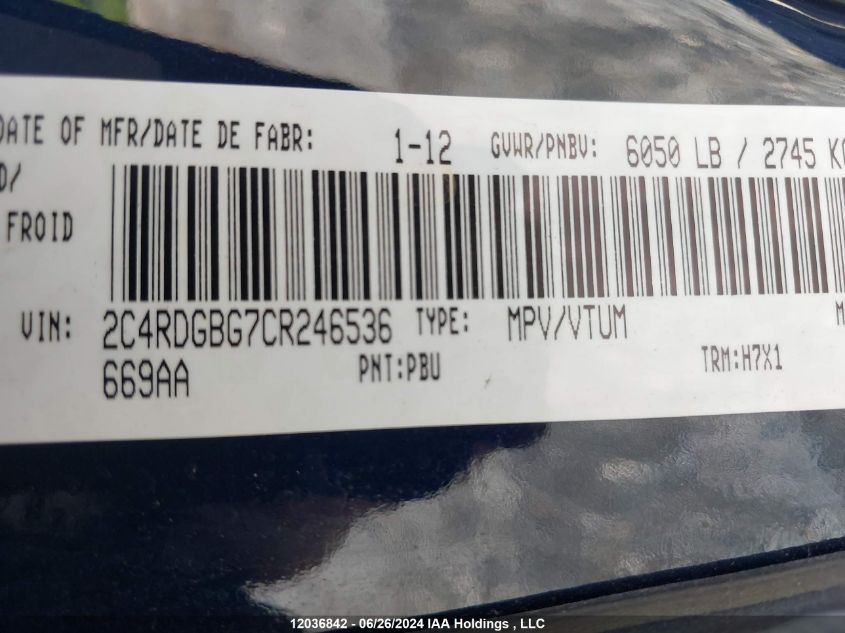 2012 Dodge Grand Caravan Se/Sxt VIN: 2C4RDGBG7CR246536 Lot: 12036842