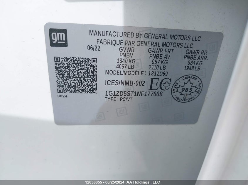 2022 Chevrolet Malibu VIN: 1G1ZD5ST1NF177668 Lot: 12036855