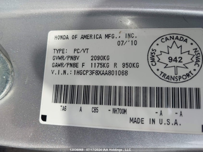 2010 Honda Accord Sedan VIN: 1HGCP3F8XAA801068 Lot: 12036868