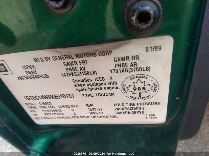 1999 GMC New Sierra 1500 VIN: 1GTEC14W9XE518137 Lot: 12036870