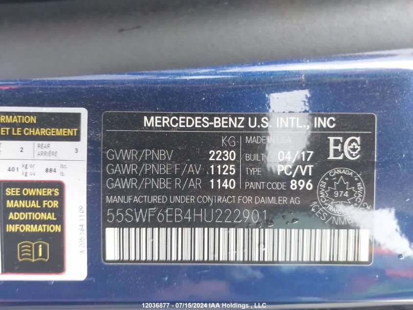 2017 Mercedes-Benz C Class VIN: 55SWF6EB4HU222901 Lot: 12036877